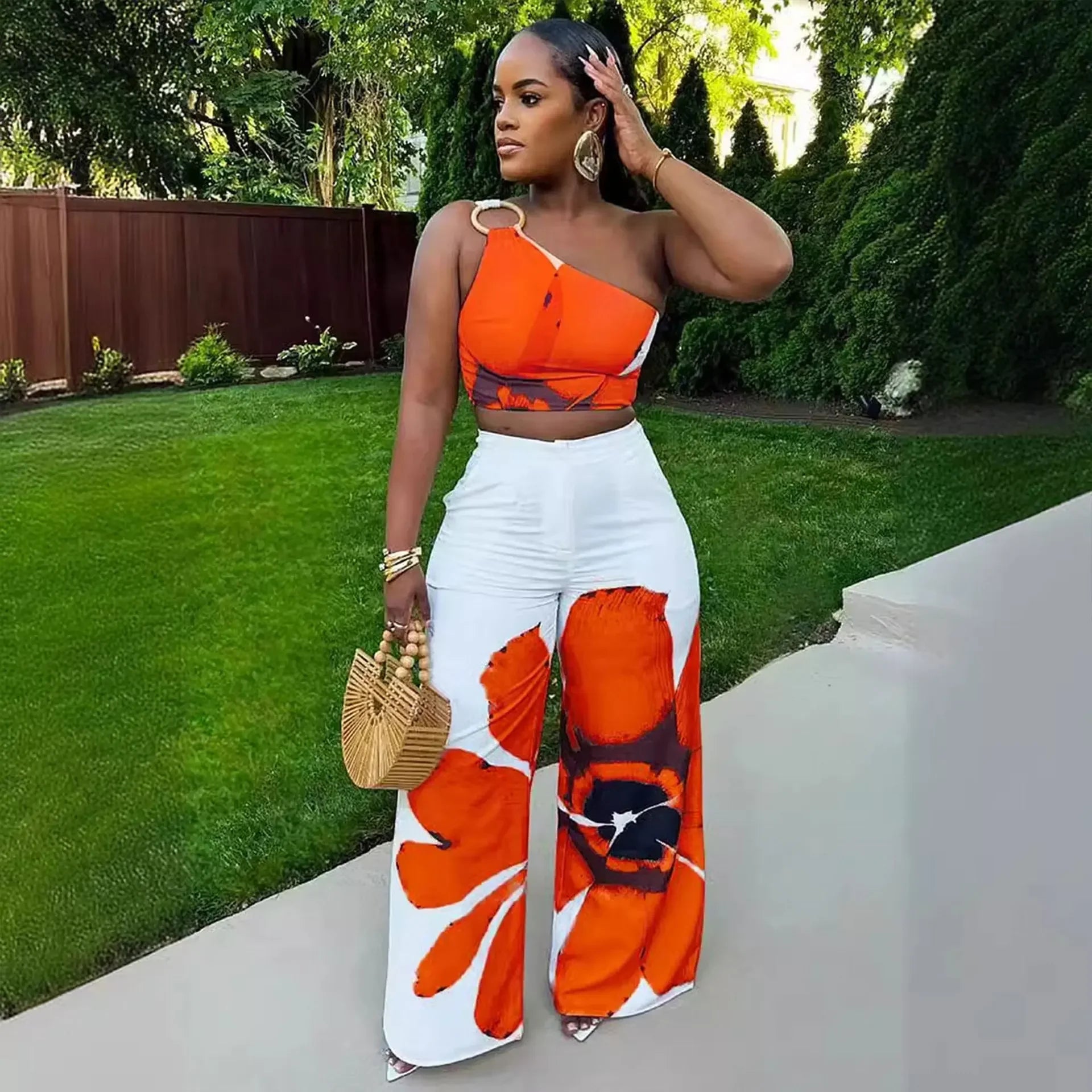 S10831 Euro-American Printing Single Shoulder Slims Smooths Your Silhouette Bell Bottoms 2-Piece Set Fashionable Dress Outfits - JN Fashion Fusion