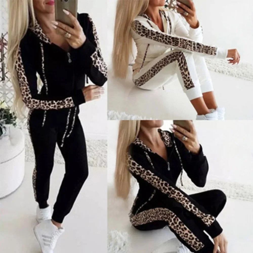 Women Two Piece Set Pants Sets Leopard Jacket Sweatshirts Matching Sets Y2k Tops Sport Tracksuit Autumn Spring Casual Long Pant - JN Fashion Fusion