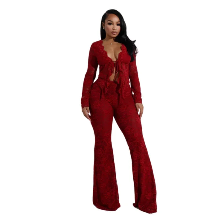 2025 Women's Set Long Sleeve Lace See Through Shirt + Long Pants Street Evening Sexy Two 2Piece Sets Outfits Tracksuit - JN Fashion Fusion
