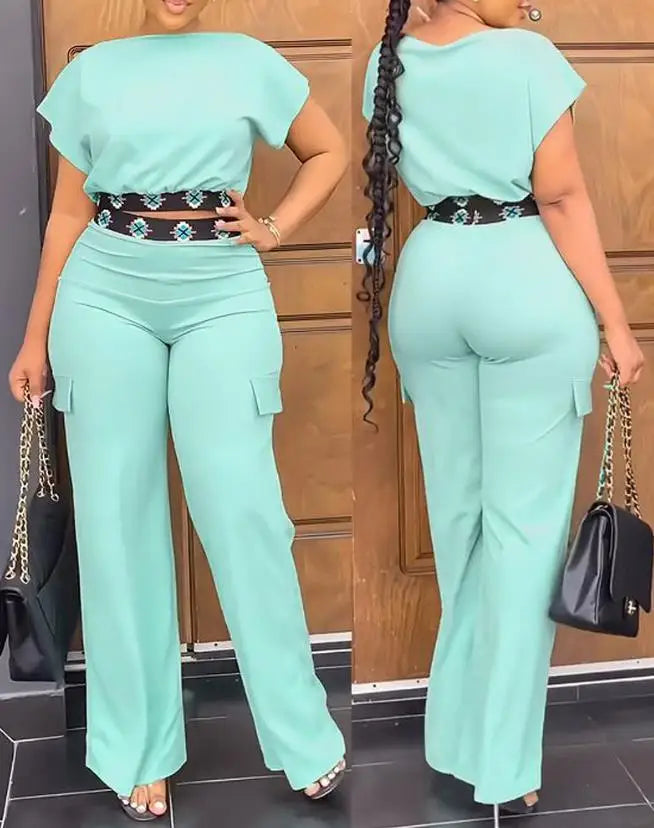 Two Piece Sets Women Outifit 2023 Summer Fashion Geometric Print Boat Neck Short Sleeve Crop Top & Casual Pocket Daily Pants Set - JN Fashion Fusion