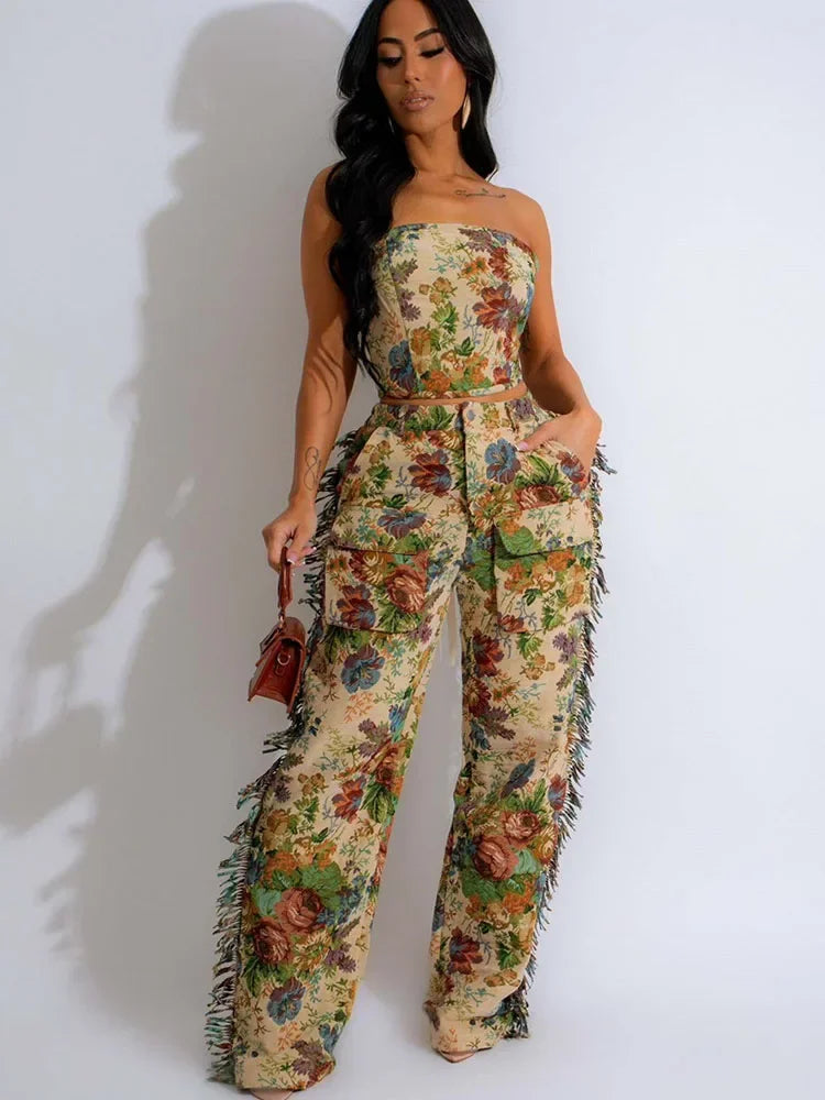 Floral Print Two Piece Set for Women Clothing Outfit Sets Y2K Birthday Party Strapless Crop Top and Side Tassel Wide Leg Pants - JN Fashion Fusion