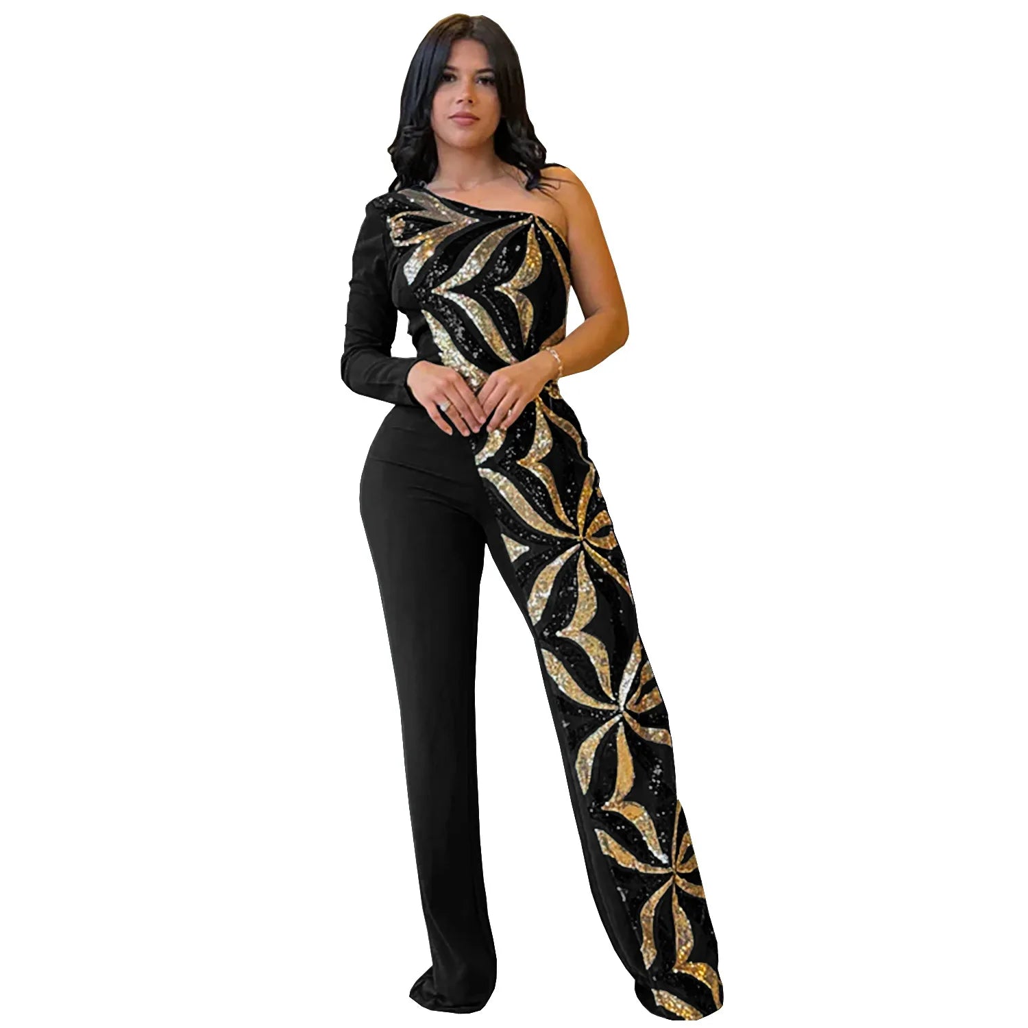 Women One Long Sleeve Strapless Sequined Wide Leg Jumpsuits 2025 Summer Evening Party One Piece Set Romper Playsuit - JN Fashion Fusion