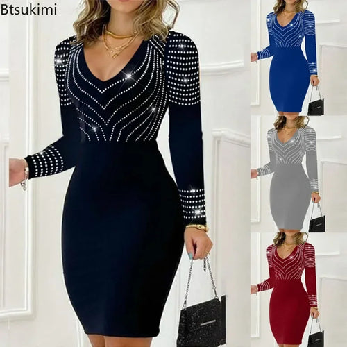 2026Women's Sexy Autumn Winter Dress Solid Rhinestone Decor Long Sleeve Party Dress Elegant Bodycon Mini Skinny Dresses Vestidos - JN Fashion Fusion