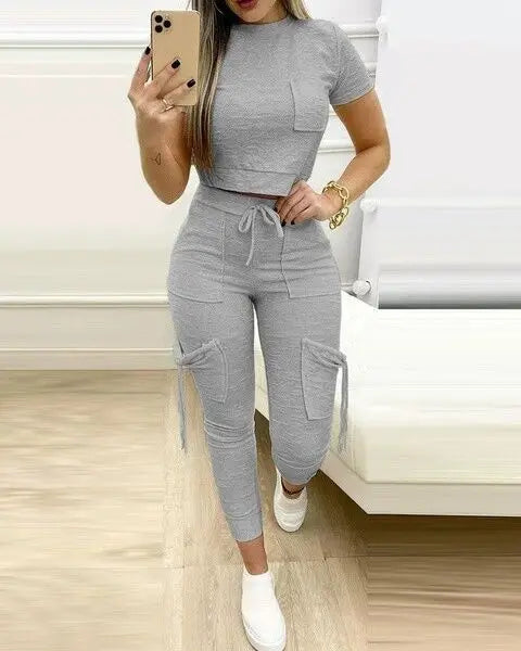 Tight Solid Color Two Piece Set Women Cropped T Shirt Slim Long Pants Leace-up Pocket Ladies Sets 2026 Spring Summer Sportswear - JN Fashion Fusion