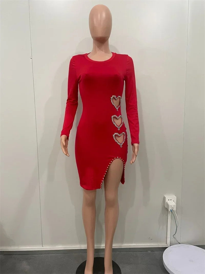 Diamonds Heart-shaped Love Birthday Dress for Women Night Party Long Sleeve Hollow Out Side Slit Bodycon Mini Dresses Clubwear