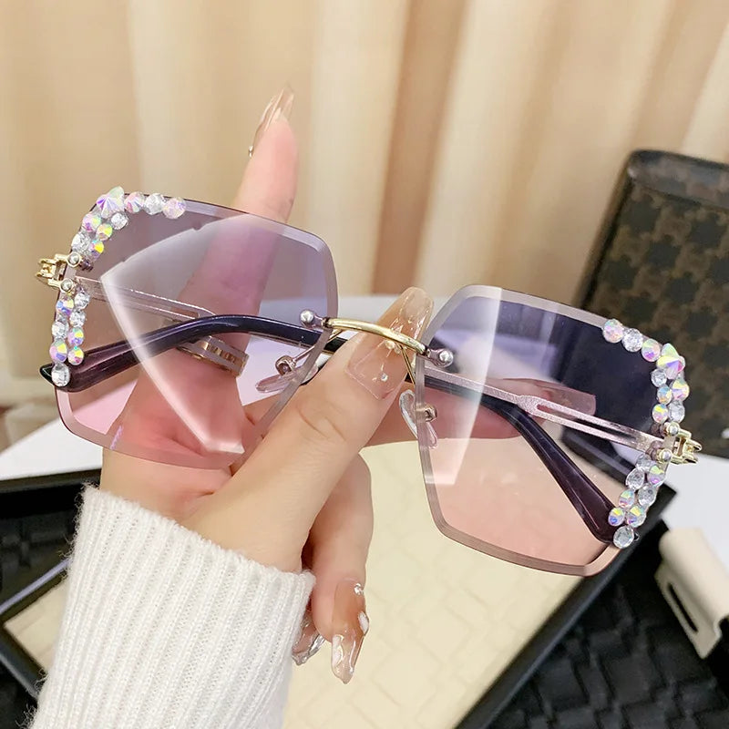 1 pair of fashionable women's square frameless gradient lens glasses with crystal decoration and metal material - JN Fashion Fusion