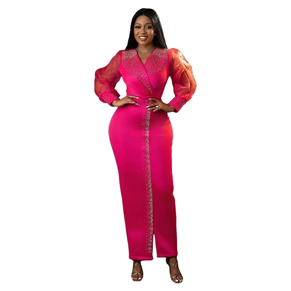 Sexy Nightclub Party Dance Gathering Club Banquet Rhinestone Puff Sleeve Stretch V-Neck Long Dress