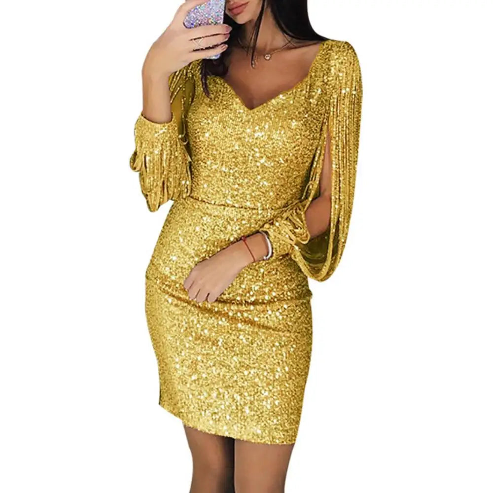 2024 New Silver Sequin Skinny Dress Women Sexy Tassel Sleeves V Neck Club Mini Dress Elegant Ladies Bodycon Pencil Party Vestido - JN Fashion Fusion