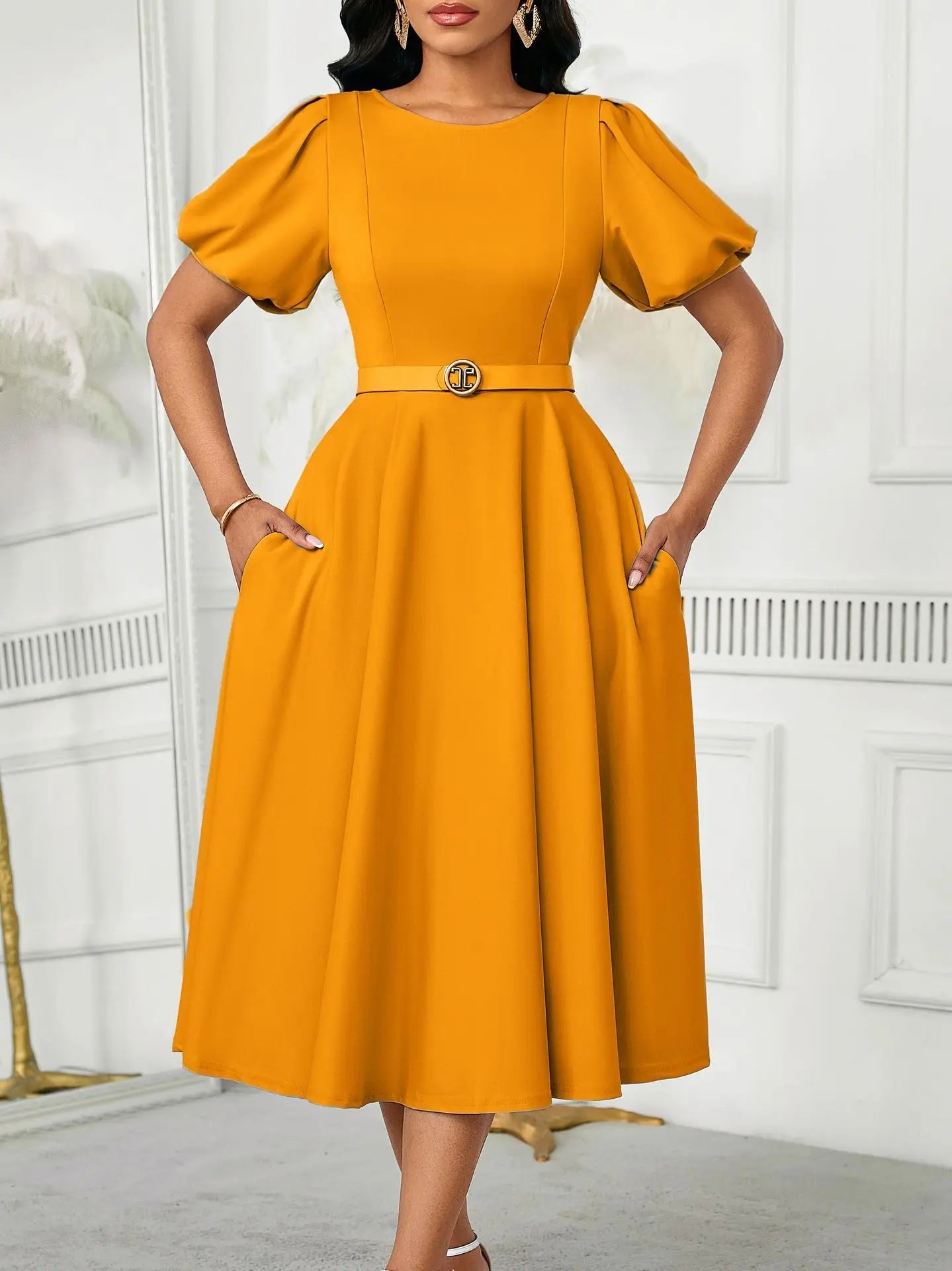 Women's Elegant High-Waisted Puffed Sleeve Summer Dress 2026 Solid Color round Neck Large Skirt Hem Fashionable Casual Dress