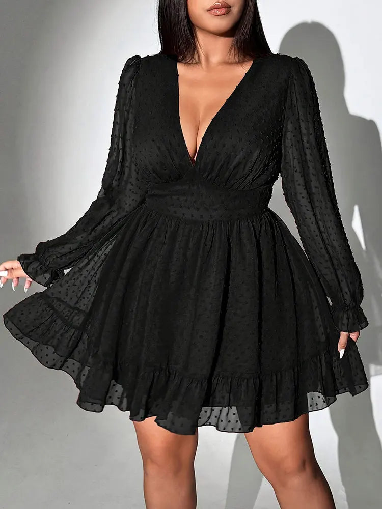 New Sexy V-Neck Short Dress Plus Size Solid Polka Dot Long-Sleeve American Slim A-Line Skirt Elegant Party Women's Evening Dress - JN Fashion Fusion