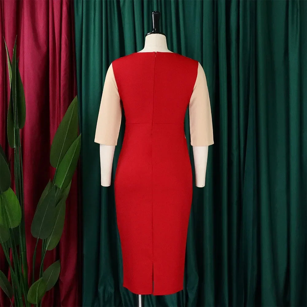 Women Dress for Work Elegant Office O Neck Three Quarter Sleeve Patchwork Sheath Package Hips Mid Calf Professional Business Hot - JN Fashion Fusion
