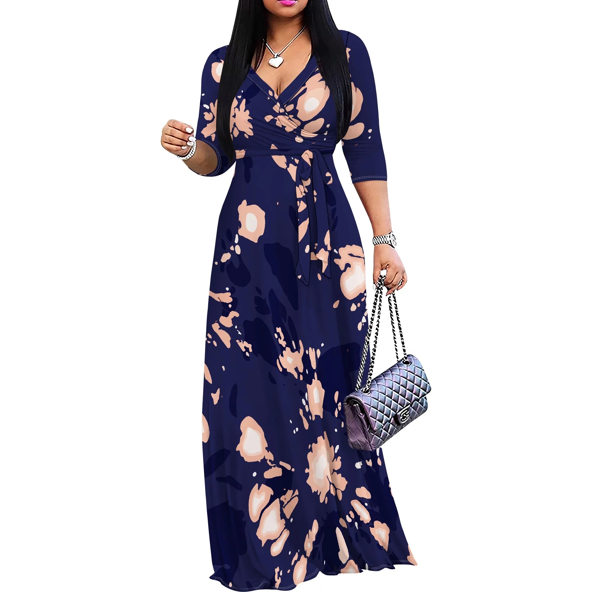 Casual Printed Maxi Dress Women Hawaii Vacation V Neck 3/4 Sleeve Loose Fit Long Dress