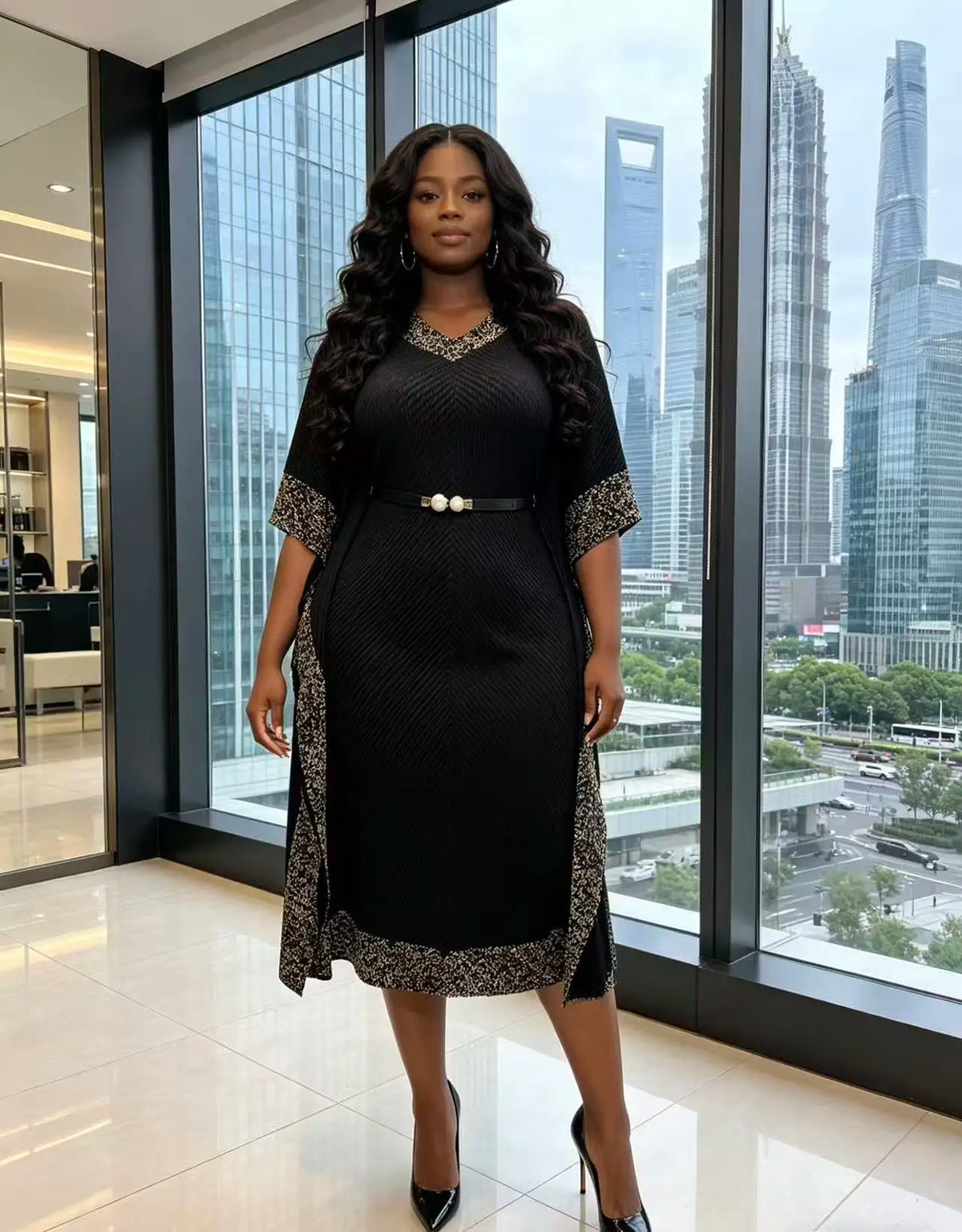 Africa New V-neck bat sleeve long dress with dragon scale pattern, pleated fringe design, fashionable women's clothing by JN Fashion Fusion.