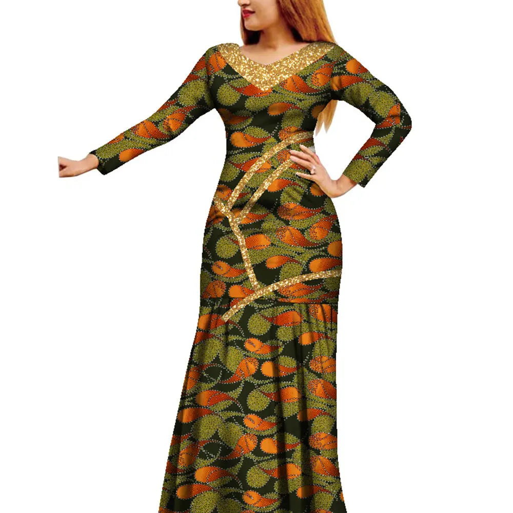 African Women Dress African Wax Print Dress Bazin Riche Long Sleeve Maxi Dress Lady African Clothes WY8679