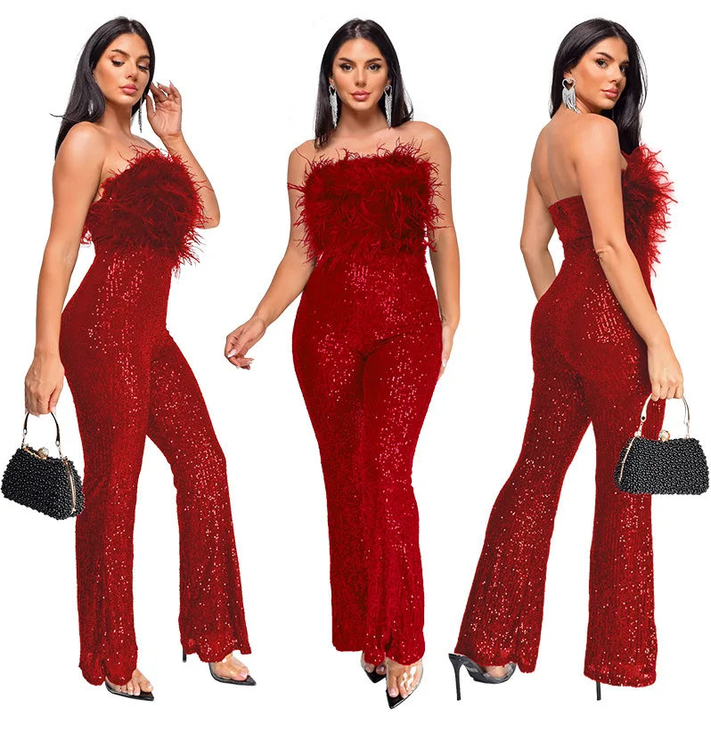 Sliver Bling Bling Sequined Club Jumpsuit Women Strapless Elegant Sparky Gold Sequins Party Romper Overalls