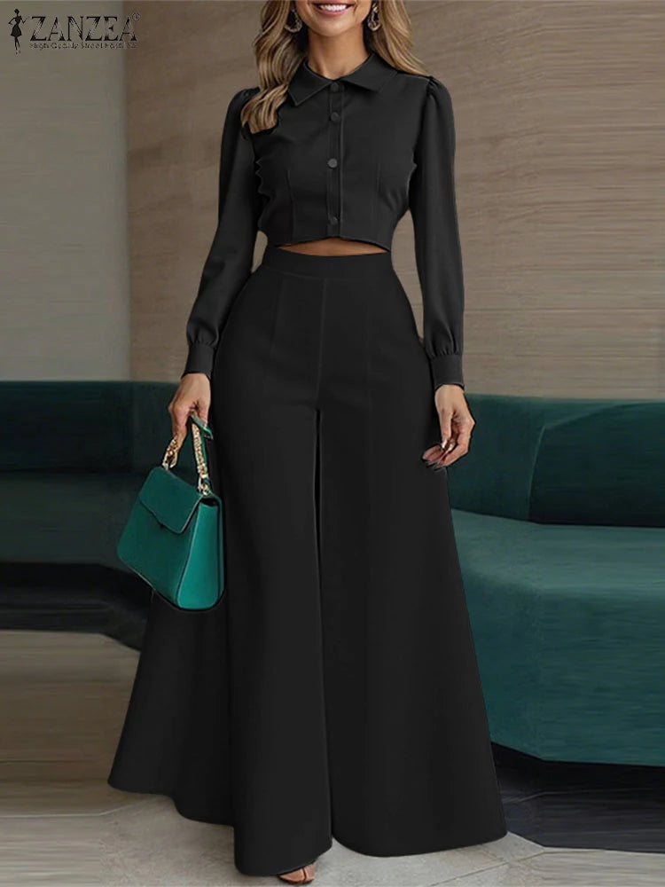 ZANZEA Women Stylish 2 Pieces Pant Sets Long Sleeve Collared Short Shirt & Wide Leg Pant 2pcs Suits Elegant Chic Sets Outfits - JN Fashion Fusion