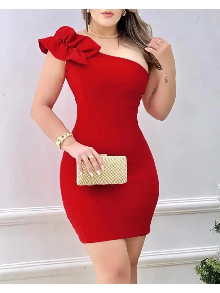 Sexy Mini Dress Women 2025 Summer New Fashion One Shoulder Ruffle Hem Bodycon Dress Elegant  Woman Clothing Party Dresses - JN Fashion Fusion