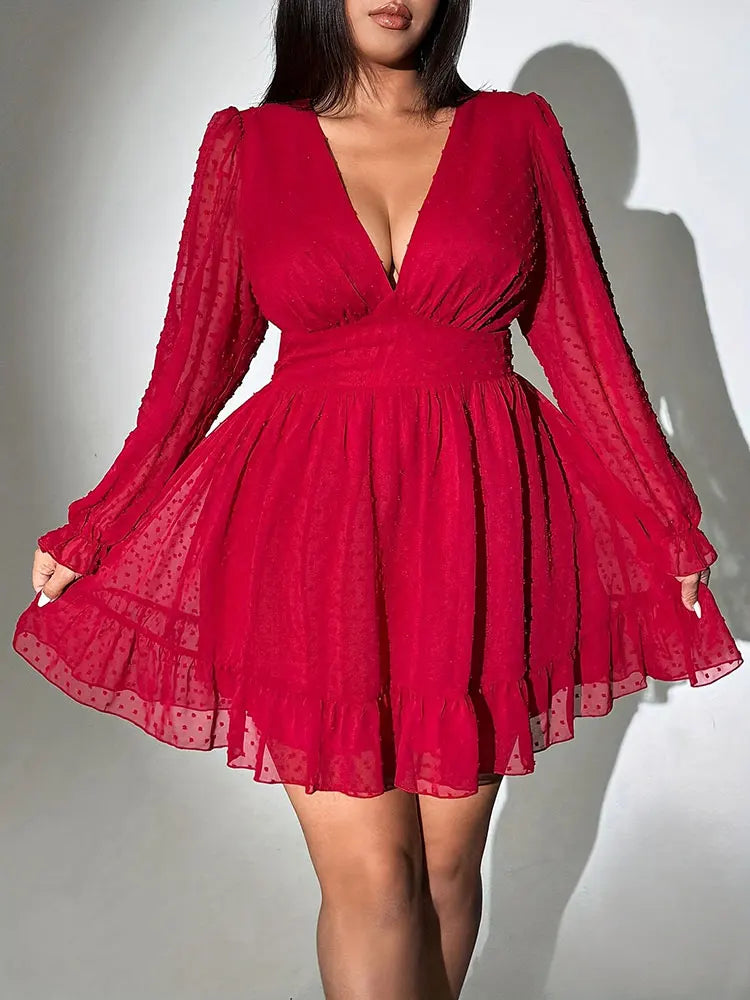 New Sexy V-Neck Short Dress Plus Size Solid Polka Dot Long-Sleeve American Slim A-Line Skirt Elegant Party Women's Evening Dress - JN Fashion Fusion