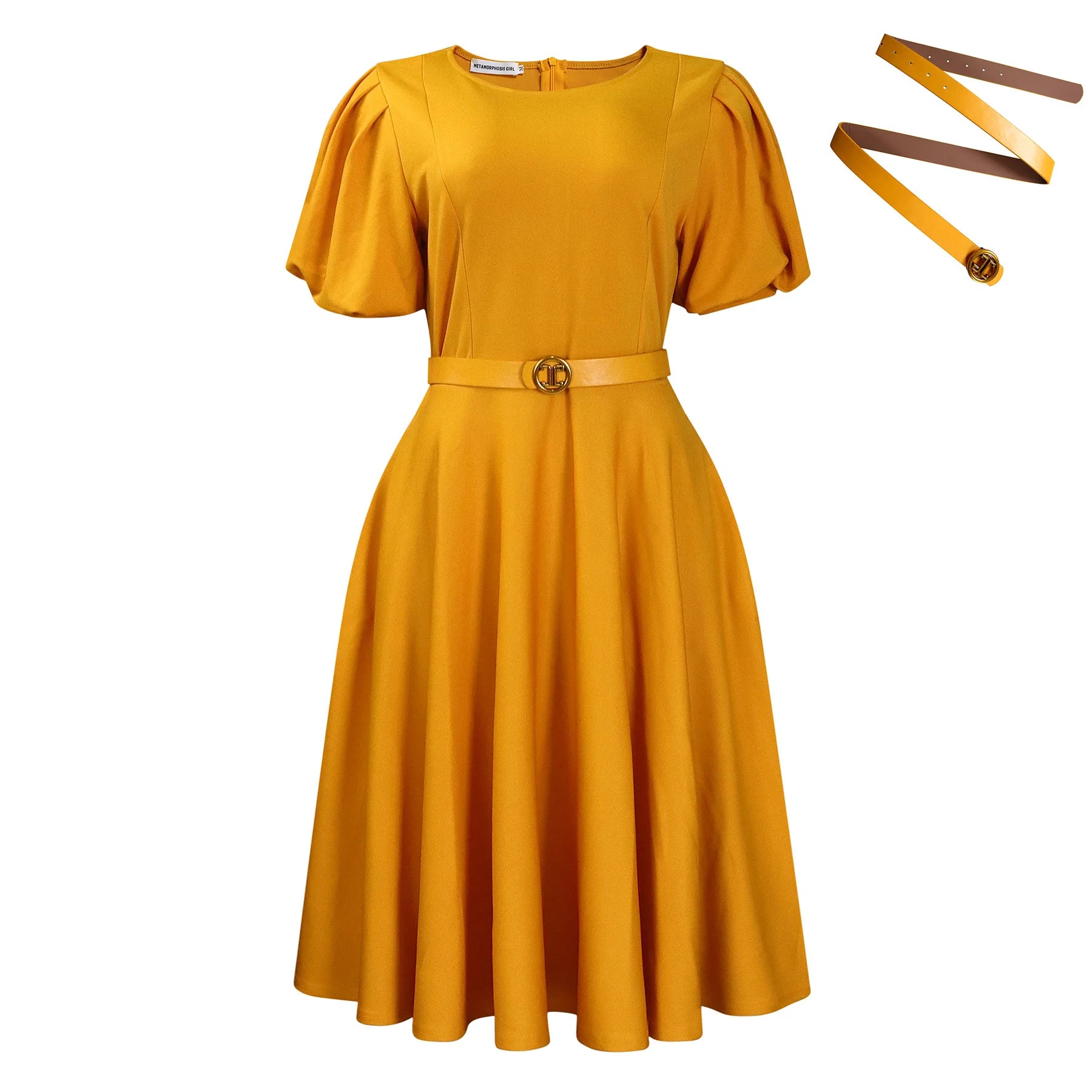 Women's Elegant High-Waisted Puffed Sleeve Summer Dress 2026 Solid Color round Neck Large Skirt Hem Fashionable Casual Dress