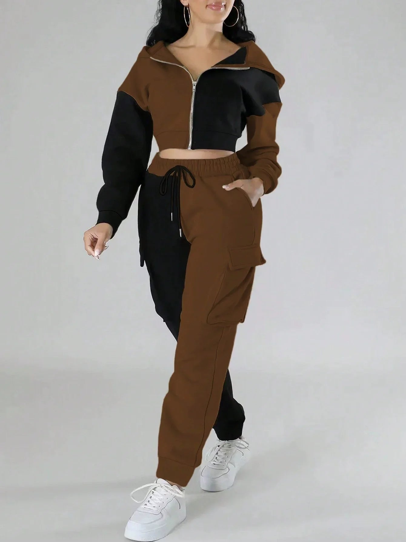 Women Loose Autumn Winter Two Pieces Suit Matching Sets Hoodie Tracksuit Blocked Zipper Short Outerwear Drawstring Cargo Pants - JN Fashion Fusion