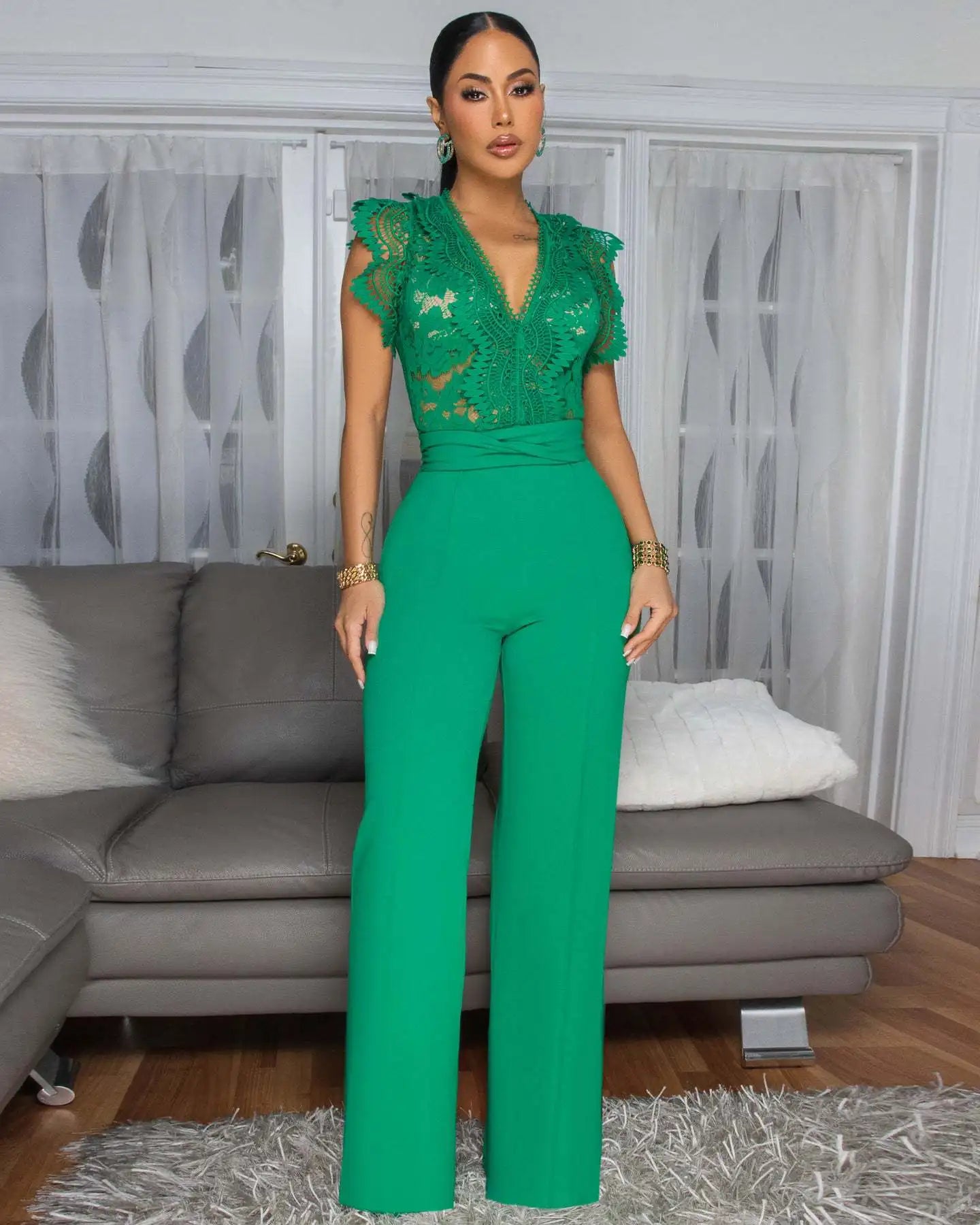Women's Jumpsuit Elegant Lace V Neck Short Sleeve High Waisted Wide Leg Rompers Sports Fitness Party Banquet Jumpsuites Sexy Y2K