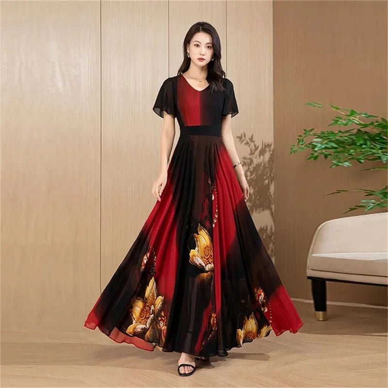 2026 New Chiffon Dress For Women Gentle Style Summer Covering The Belly Slimming Down Long Skirt Vp To The Ankle Big Swing Skirt