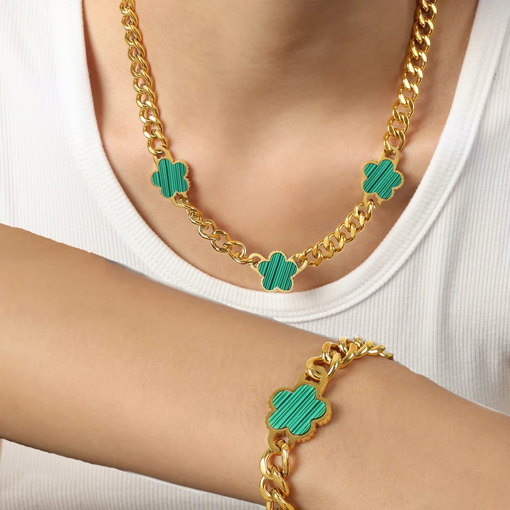 Elegant Stainless Steel New Hip Hop Cuban Link Five Leaf Flower Set Shell Bracelet Necklace Women's Minimalist Chain Jewelry - JN Fashion Fusion