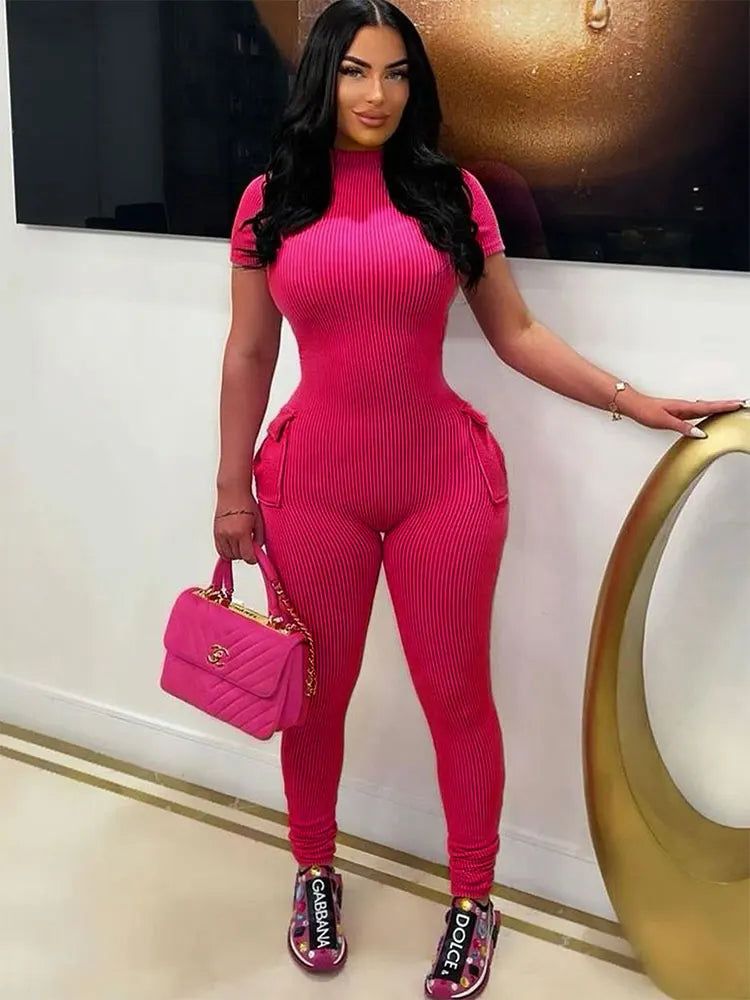 Spring New Women's Jumpsuits Sexy Sweet Pink Hollow Out Jumpsuit Streetwear Fashion Pockets Short Sleeve Female Elegant Rompers
