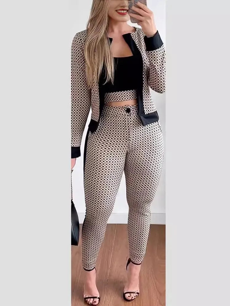 JN Fashion Fusion women's trend print pants set with long sleeve coat, camisole, and slim trousers for spring and autumn streetwear style.
