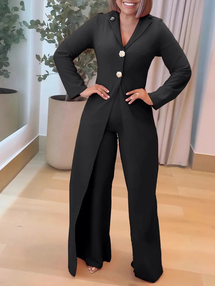 Bla Casual One-Piece Suit Women's Collar Button Long Sve Wide Leg Jumpsuit Low Waist Five-Quarter Length Polyester Fiber