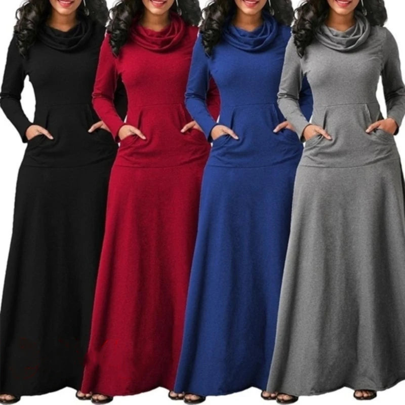 Plus Size 5XL Elegant Long Maxi Dress spring Winter Warm High Collar Women Long-sleeved Dress 2024 Woman Clothing With Pocket - JN Fashion Fusion