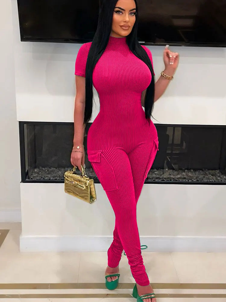 New Women's Jumpsuits Sexy Sweet Pink Hollow Out Jumpsuit Streetwear Fashion Pockets Short Sleeve Lady Elegant Rompers Clothing - JN Fashion Fusion