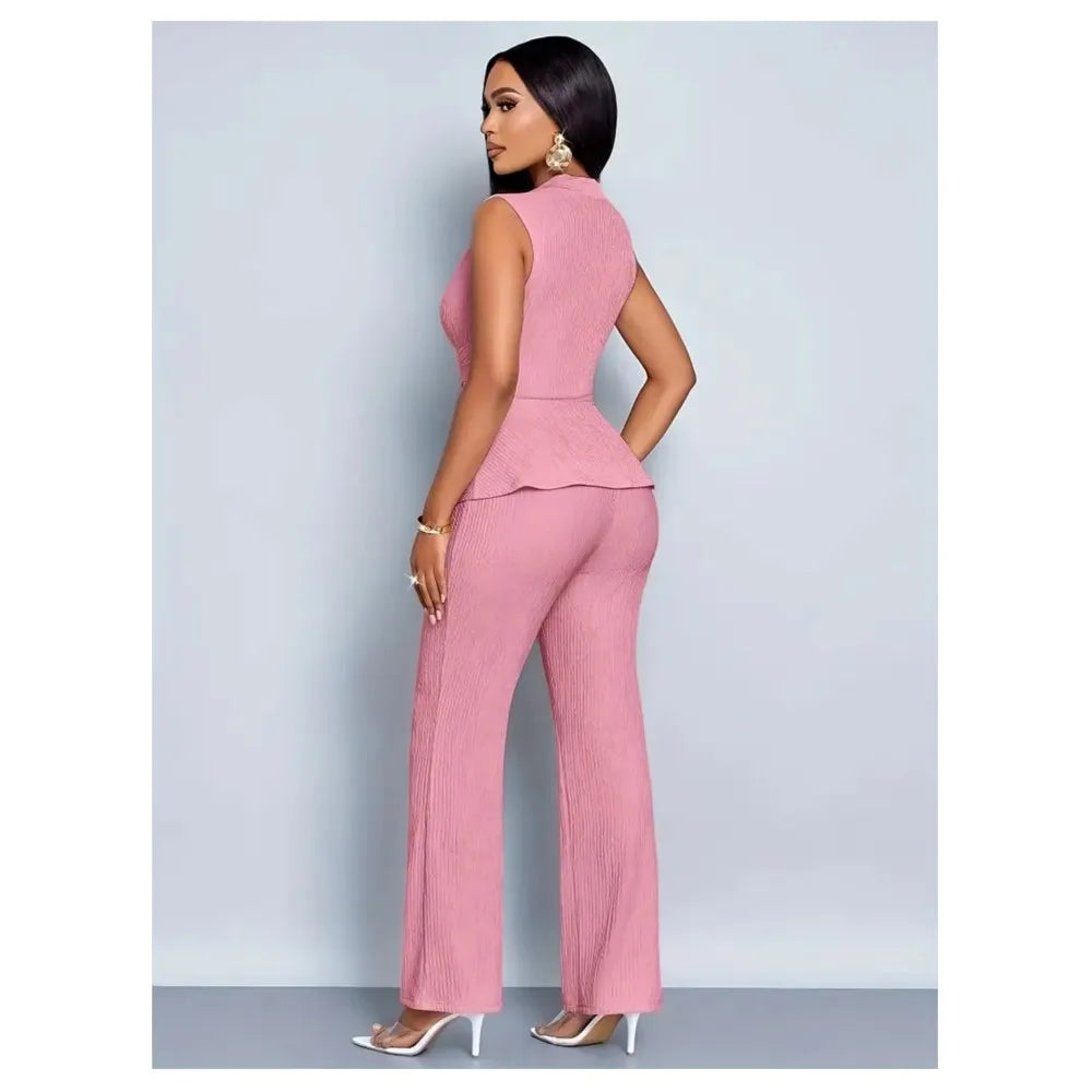 New Spring Summer Women's Trousers Two-piece Elegant Slim V-neck Sleeveless Irregular T-shirt Wide-leg Pants Office 2-piece Set - JN Fashion Fusion