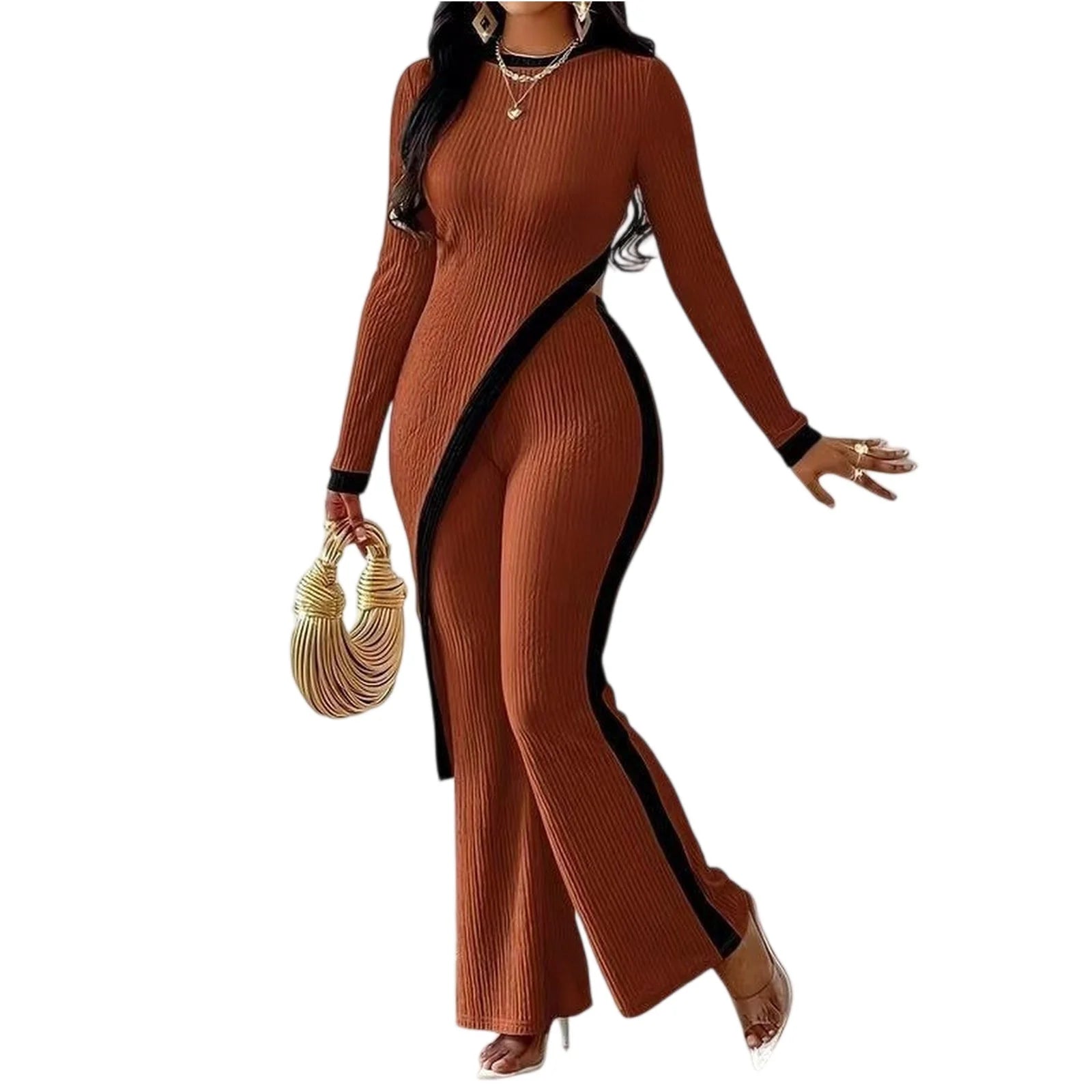 Side Slit Contrasting Long Sleeved Patchwork Pants Set Women'S Casual Suit Spring And Autumn Women'S Set - JN Fashion Fusion