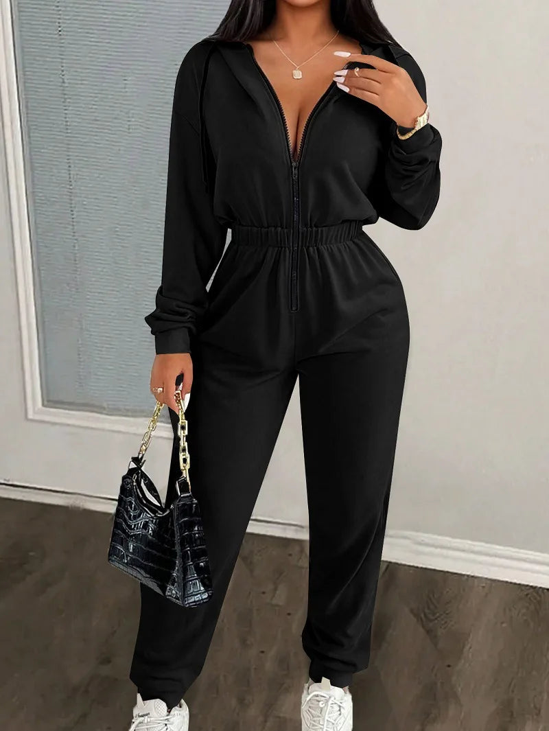 2026 Autumn And Winter New Women's Fashion Solid Color Drawstring Zipper Hooded Jumpsuit Casual Matching