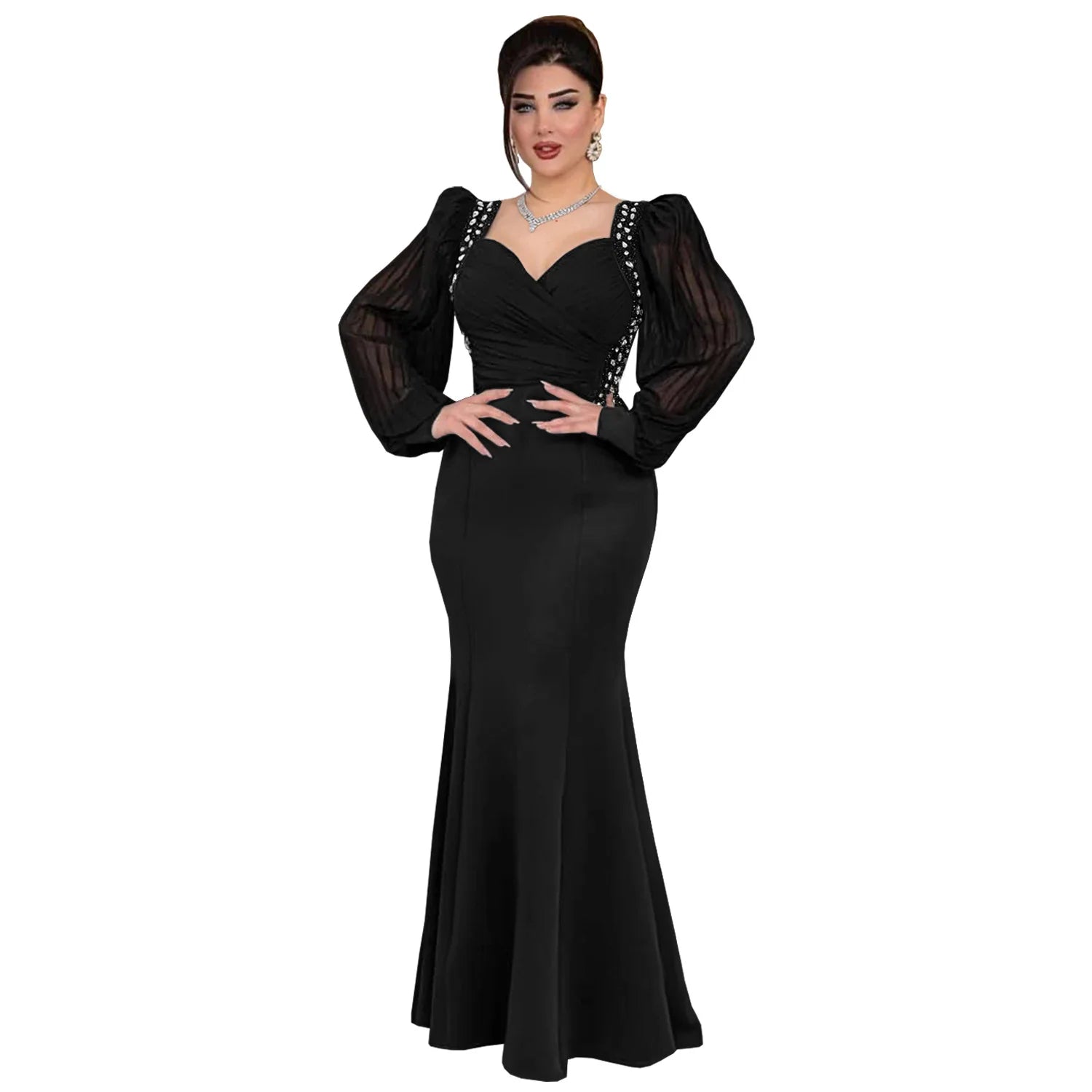2026 Autumn Fashion Women's Dress Solid Color Temperament Concealed Waist Hot Diamond Long Sleeve Fish Tail Dress - JN Fashion Fusion