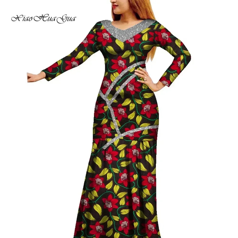 African Women Dress African Wax Print Dress Bazin Riche Long Sleeve Maxi Dress Lady African Clothes WY8679