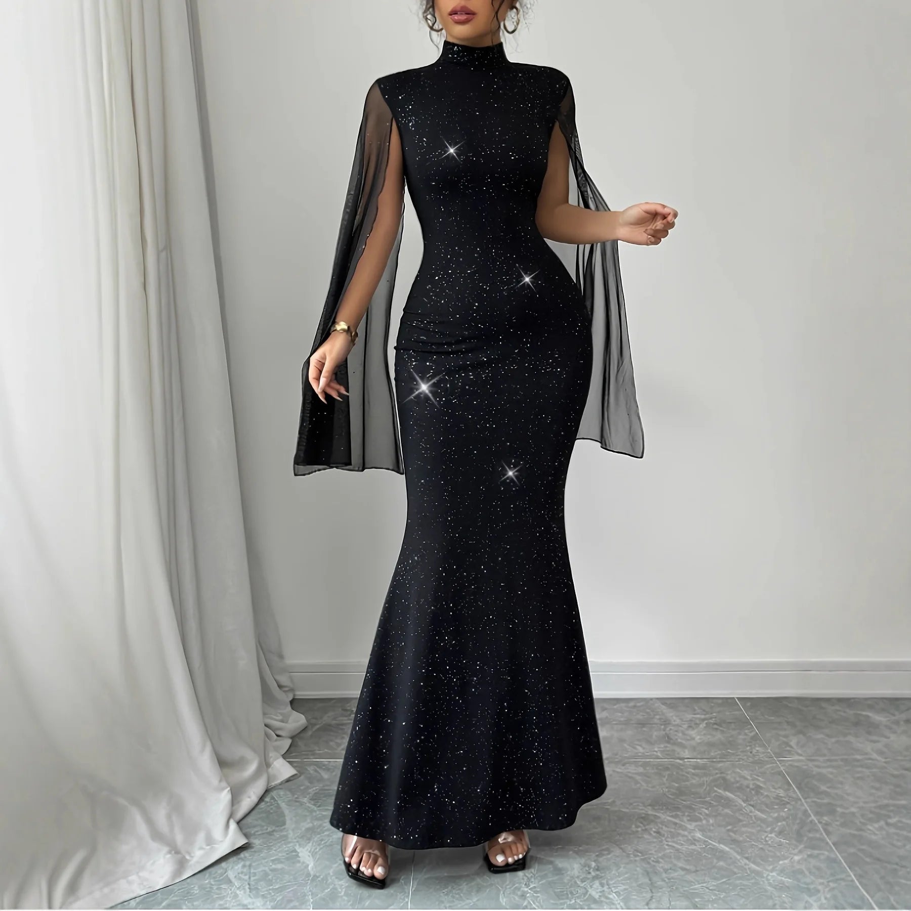 Shiny Cape Splicing Party Dress Women 2026 Spring Elegant Maxi Dresses for Women - JN Fashion Fusion