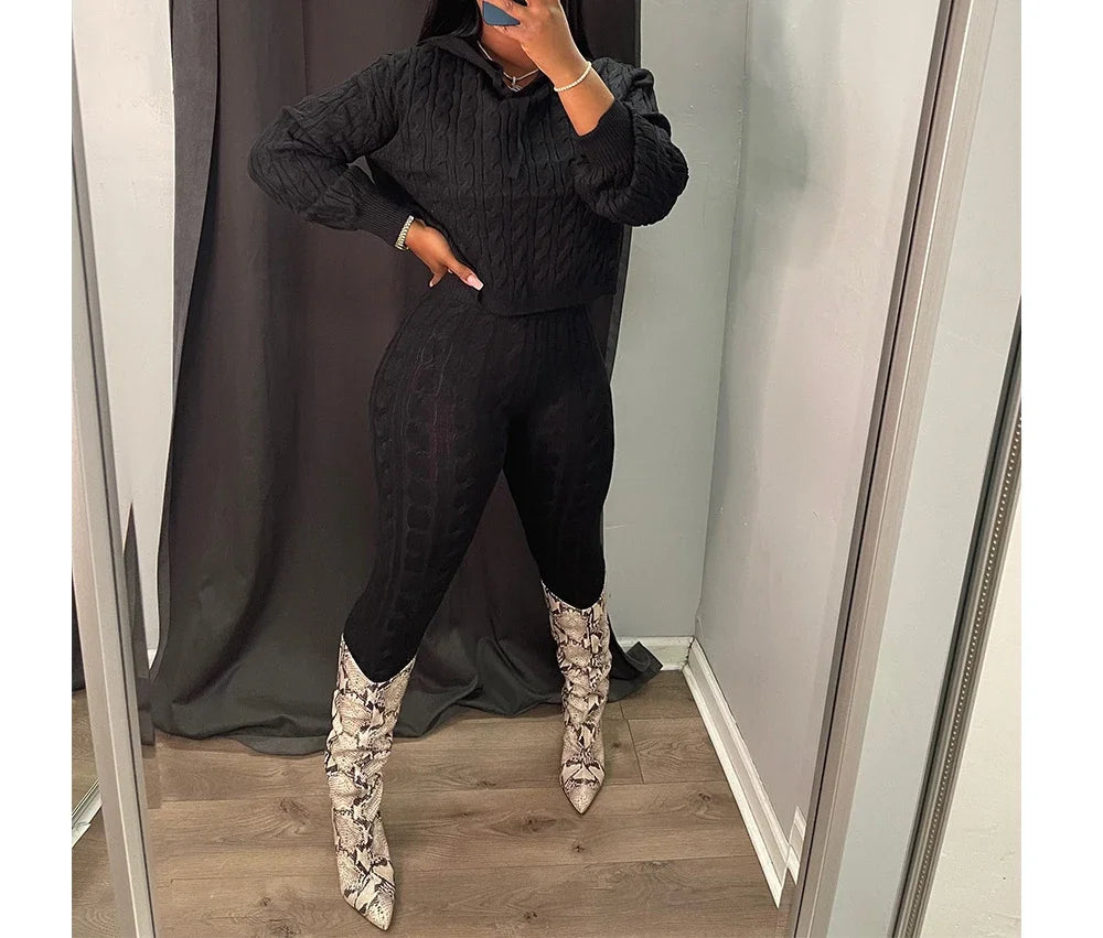 2 Piece Sets Womens Outfits Fashion Long Sleeve Cable Knit Hooded Sweater & Pants Suit Streetwear 2024 Autumn Winter Casual New - JN Fashion Fusion