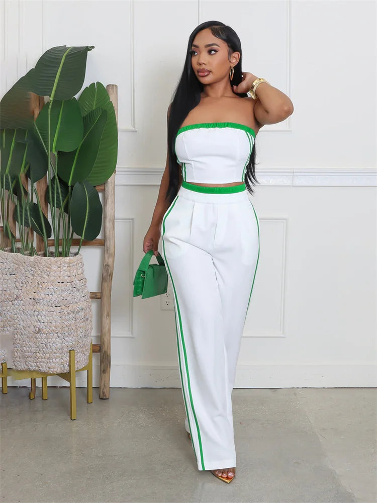 2025 Spring Fashion New Casual Women's Sets Strapless Chest wrap Crop Tops and Pants Streetwear Black Two 2 Piece Set Outfits - JN Fashion Fusion