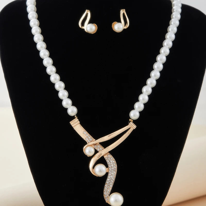 Fashion Geometric Pearl Earring Two Piece Necklace for Women Exquisite Birthday Party Jewelry Gifts - JN Fashion Fusion