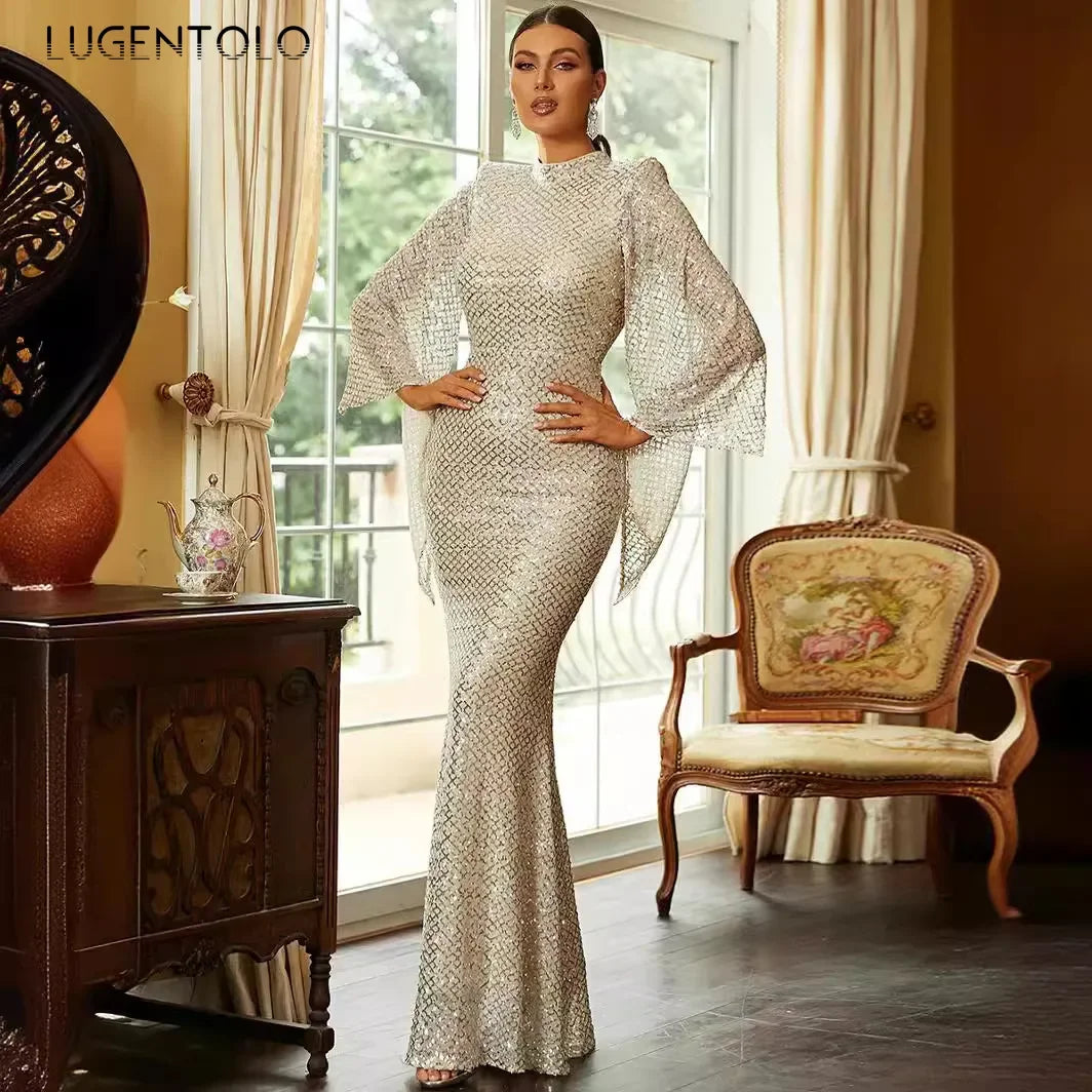 Women Elegant Dress Cocktail Party Long Sleeve Elegant Sequins Lady Temperament Golden Color O-neck Banquet Maxi Clothing - JN Fashion Fusion