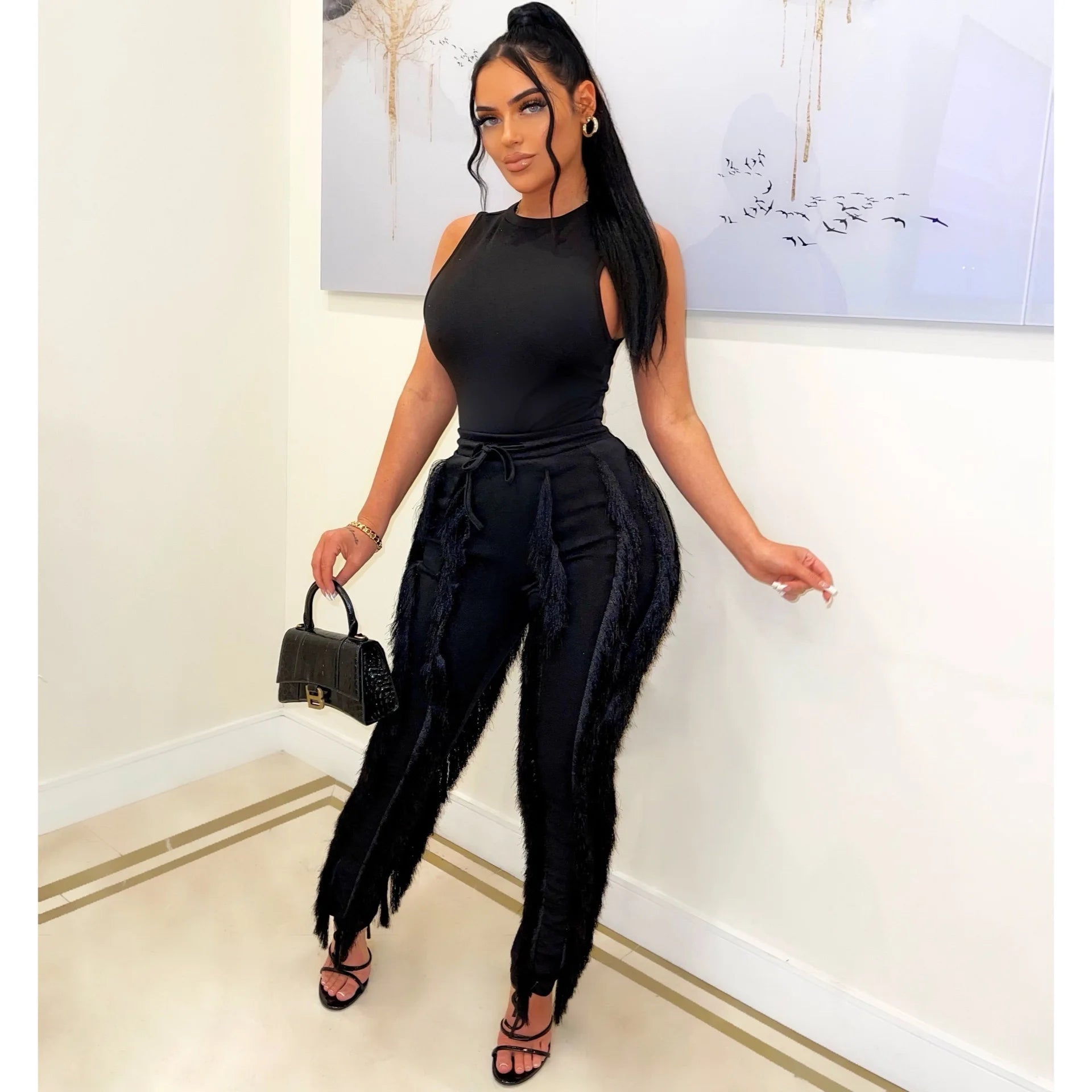 Elegant Women's Tracksuit Tank Top and Tassel Side Straight Pants Suit Streetwear 2026 INS Two 2 Piece Set Outfits - JN Fashion Fusion