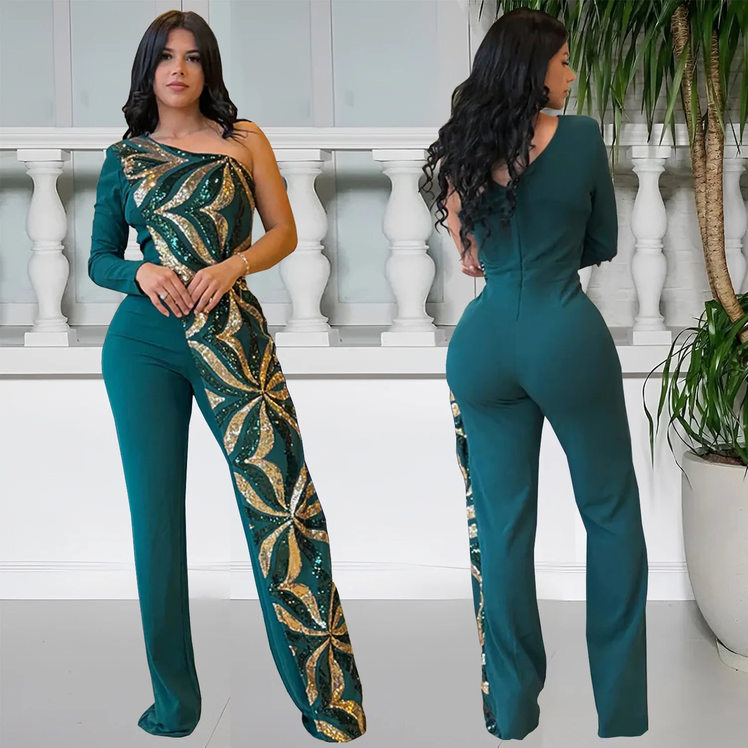 Women One Long Sleeve Strapless Sequined Wide Leg Jumpsuits 2025 Summer Evening Party One Piece Set Romper Playsuit - JN Fashion Fusion