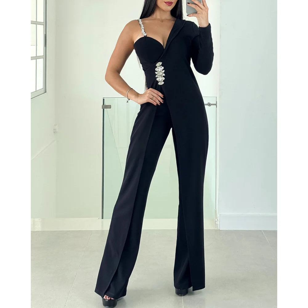 Autumn Casual One-Shoulder Rhinestone Decor Strap Slim Waist Jumpsuit Long Sleeve Wide Leg Black Romper for Women Party Wear