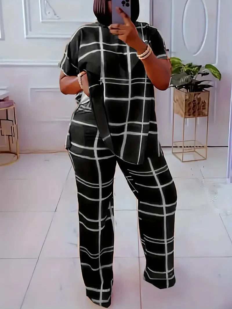 Short Sleeve 2 Piece Women Sets 2026 Spring Summer Matching Sets Stripe Print Two Pieces Sets Top Pants Suits Outfits Clothing