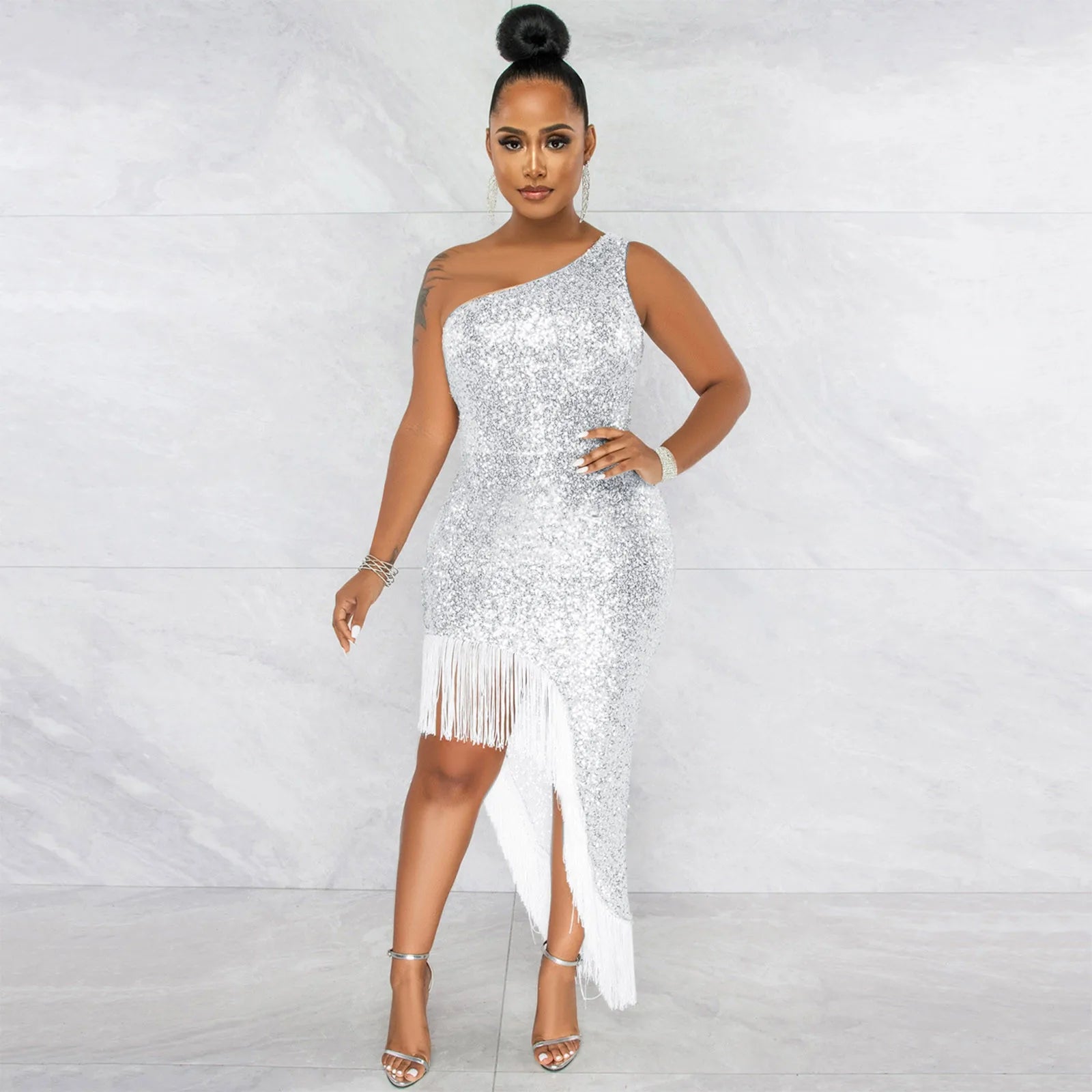 Women Sexy Gala Dress Slopping Shoulder Sleeveless Split Tassel Sequin Evening Dresses Sequins High Split Wrap Buttocks Skirt - JN Fashion Fusion