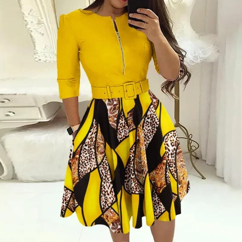 Fashion Women Patchwork A-line Dresses Autumn/Winter Round Neck Printed Belt Party Dress Elegant Office Lady Zipper Dress - JN Fashion Fusion