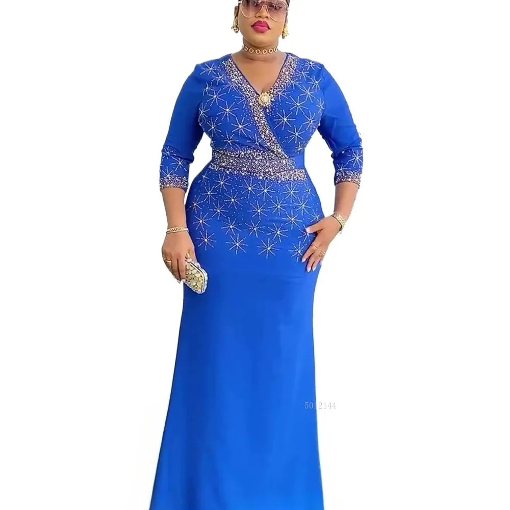 African Dresses for Women Summer African Long Sleeve V-neck Velvet Black Blue Long Dress Dashiki African Clothes Maxi Dress
