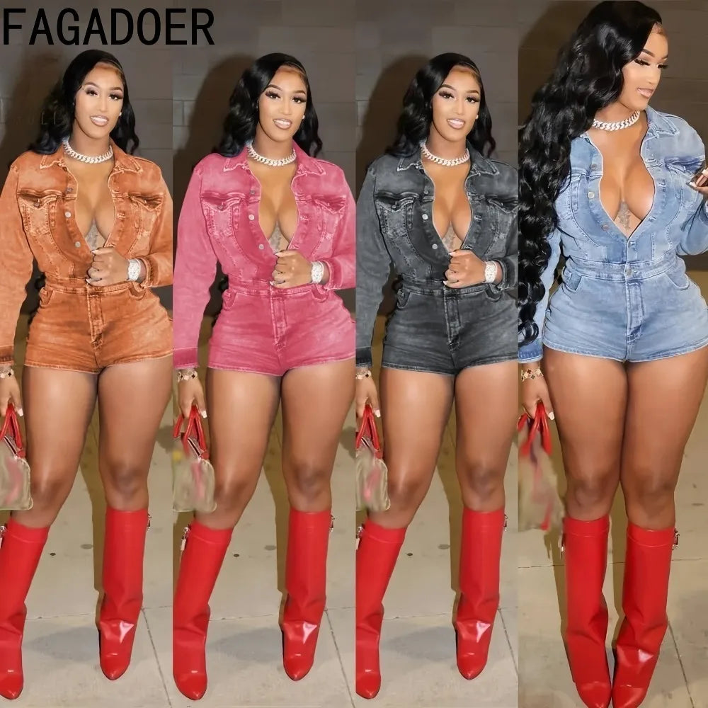 FAGADOER Trendy Denim Bodycon Rompers Women Button Stretchy One Piece Jeans Jumpsuits Fashion Female Streetwear Overalls New